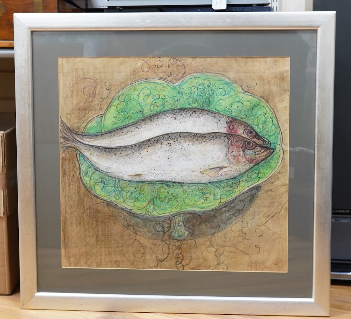 William de Belleroche (1912-1969), Still life of two dead fish, unsigned, watercolour and mixed media, 56 x 60cm